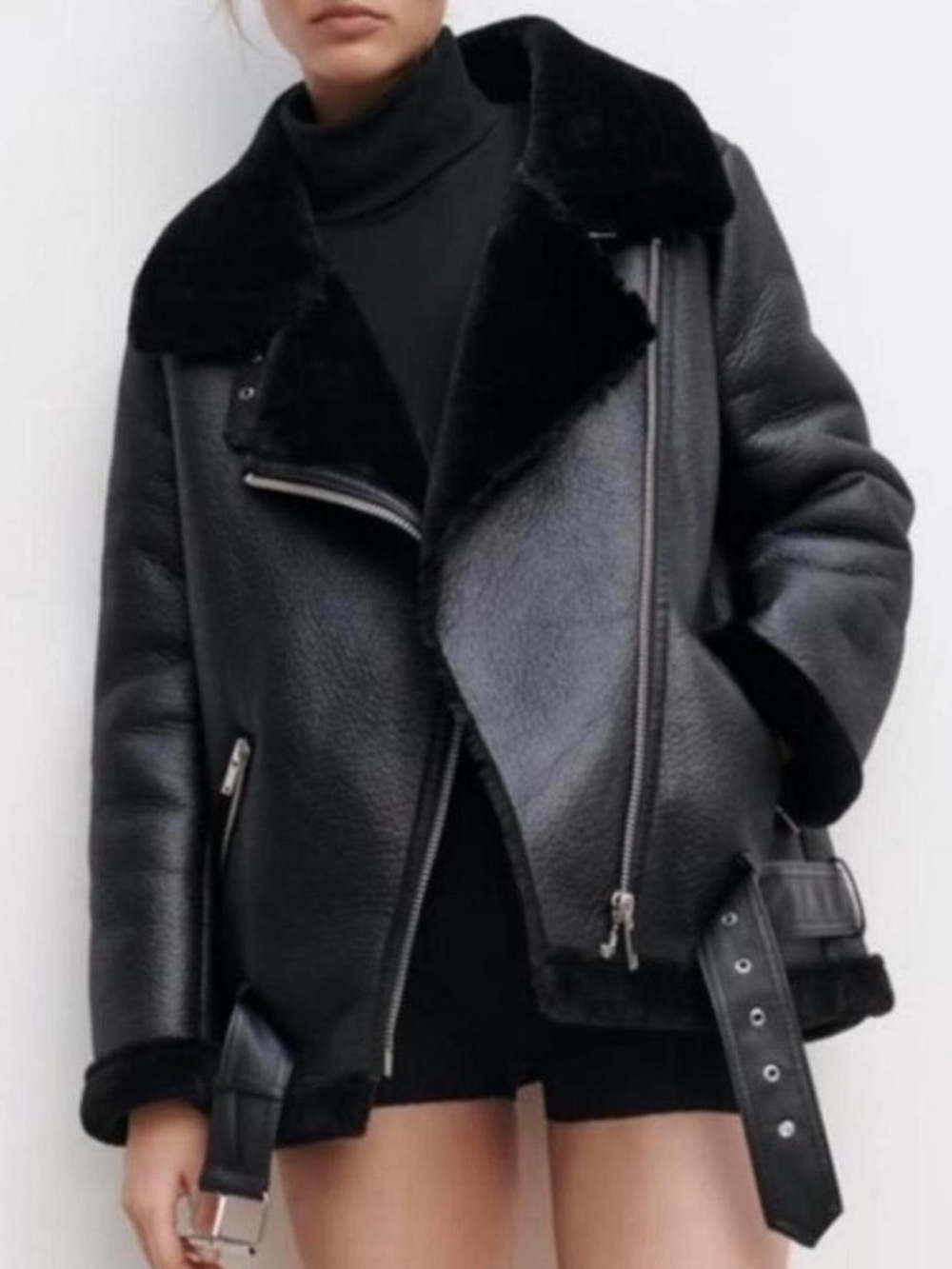 Zara Faux Shearling Moto Jacket Black Oversized Biker Aviator Coat Medium